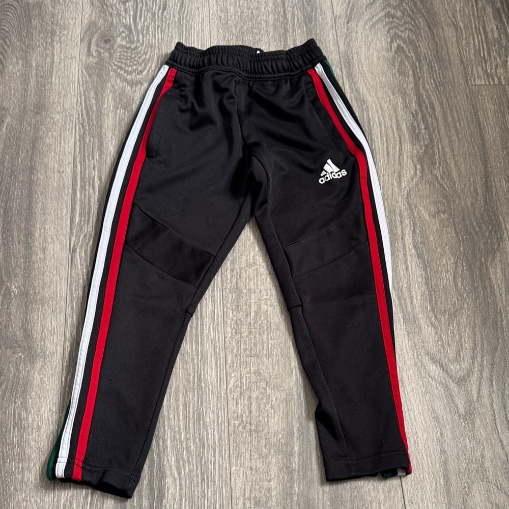 Adidas Kids Black Joggers with Red and White Stripes
